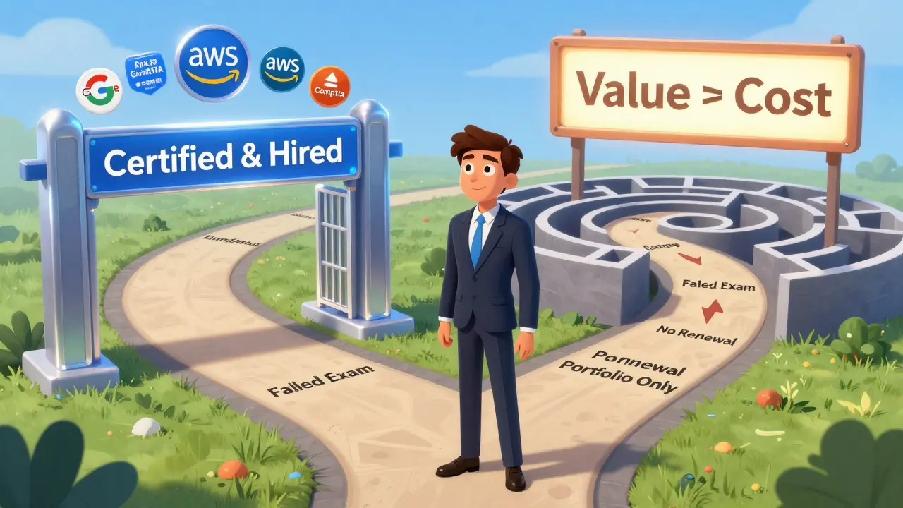 A person choosing between a path to certification and hiring versus a maze of failed exams and outdated courses.