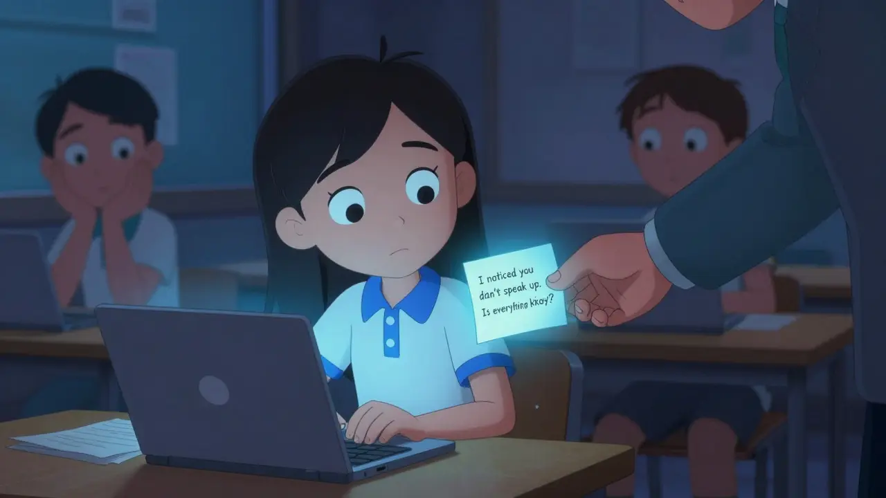 A quiet student at laptop with a compassionate note from instructor, soft blue light symbolizing empathy.