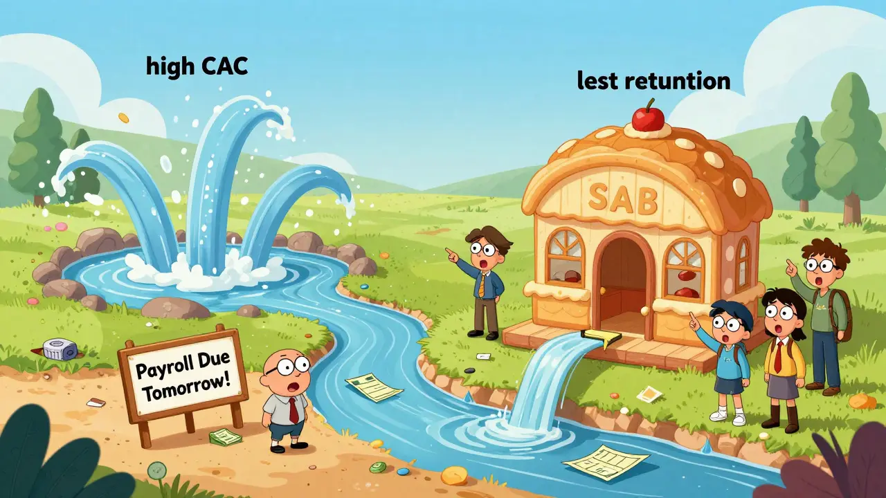 A SaaS company and bakery compared through visual financial flows, with cash shortage drama in DreamWorks cartoon style.