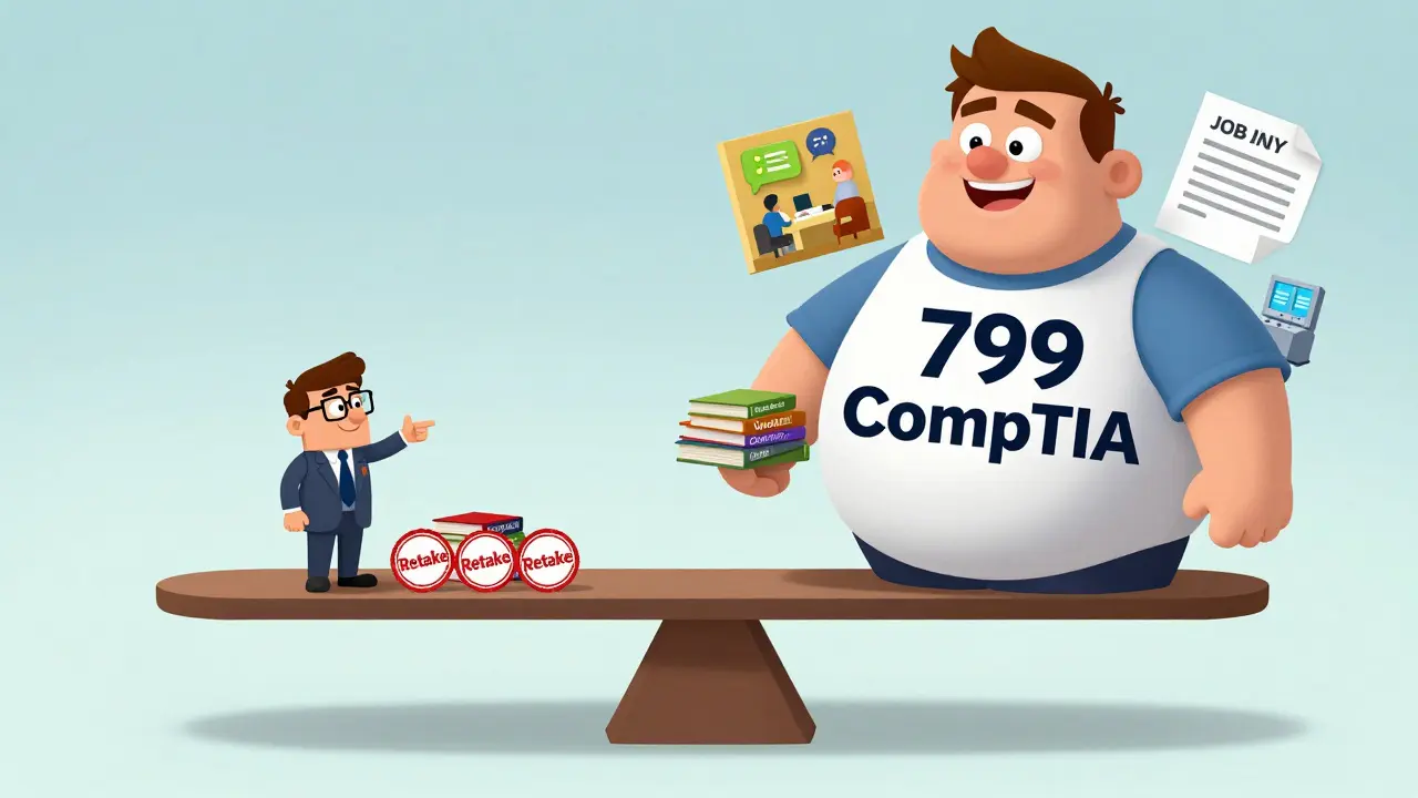 A scale comparing a cheap course to a premium certification bundle with exam, labs, and job offer icons.