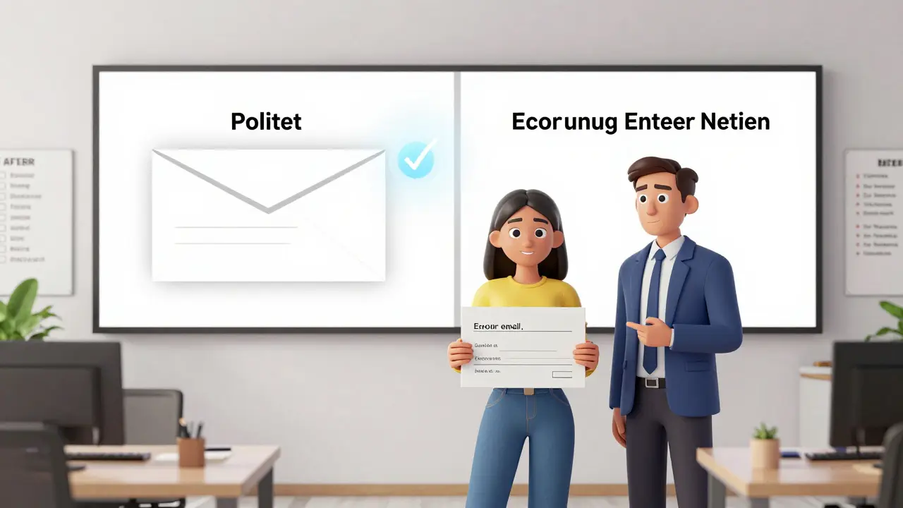 A student's rewritten email transforms from vague to direct, with manager nodding in approval in a tech office.