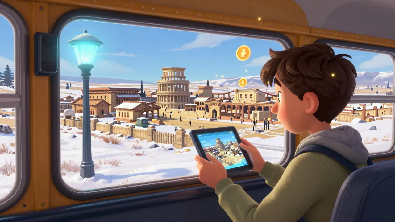 A student on a school bus explores ancient Rome through AR, with an edge server glowing on a streetlight outside.
