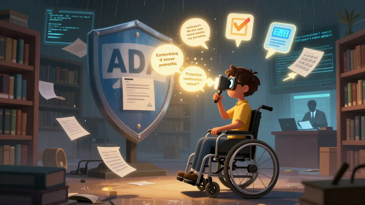 A student uses a screen reader dragon to access accessible course content, while legal threats fade away.