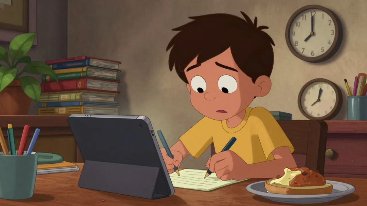 A student watches an educational video at home, pausing to take notes with expressions of realization.