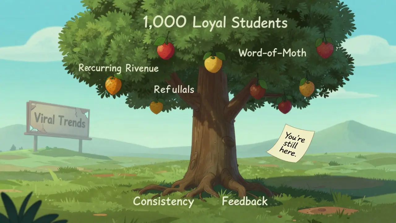 A sturdy tree labeled '1,000 Loyal Students' with roots in consistency and feedback, overshadowing a fading billboard of viral trends.