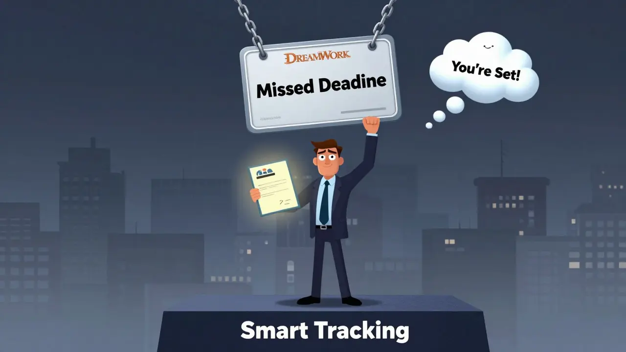 A suspended license above a confident professional standing on a platform labeled 'Smart Tracking' with confirmation email in hand.