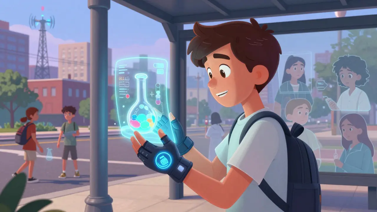 A teen at a bus stop uses a holographic chemistry lab powered by an edge node, with floating learning badges nearby.