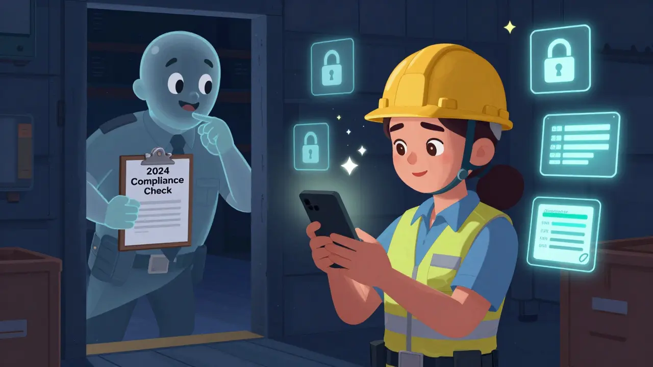 A warehouse worker completes offline safety training on a ship at night, with digital progress indicators and a ghostly auditor nodding approvingly.