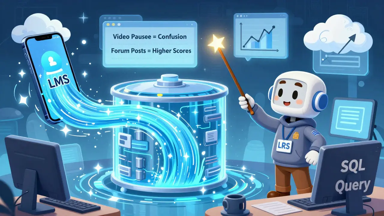 An engineer merging LMS and LRS data into a sparkling river flowing into a data warehouse, with floating insights nearby.