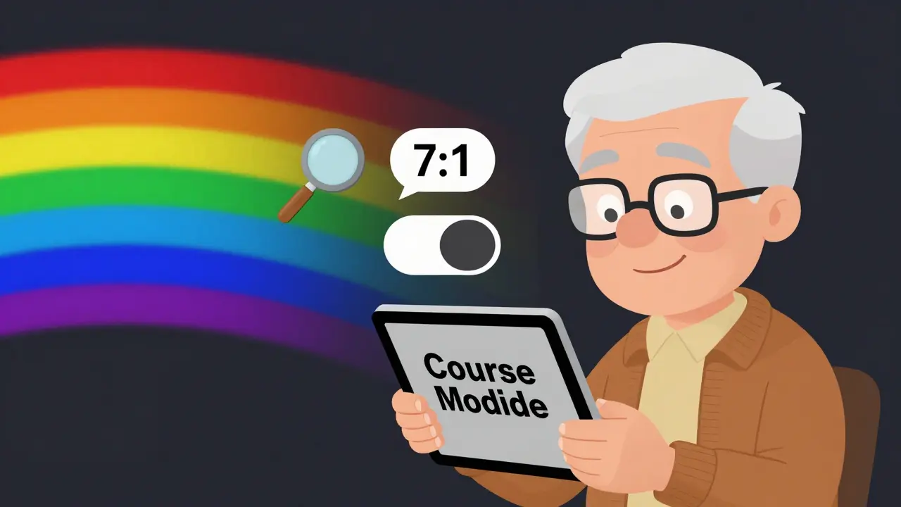 An older learner reading clearly on a dark background with accessibility icons floating nearby.