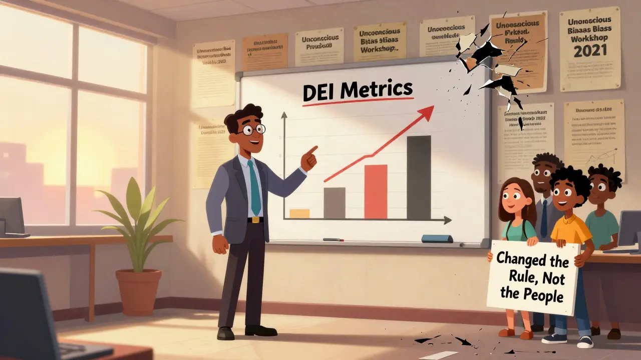CEO watches DEI metrics rise as outdated posters crumble, team holds sign: 'Changed the rule, not the people'.