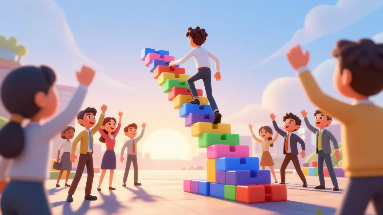 Character climbing skill-building staircase towards bright career horizon.