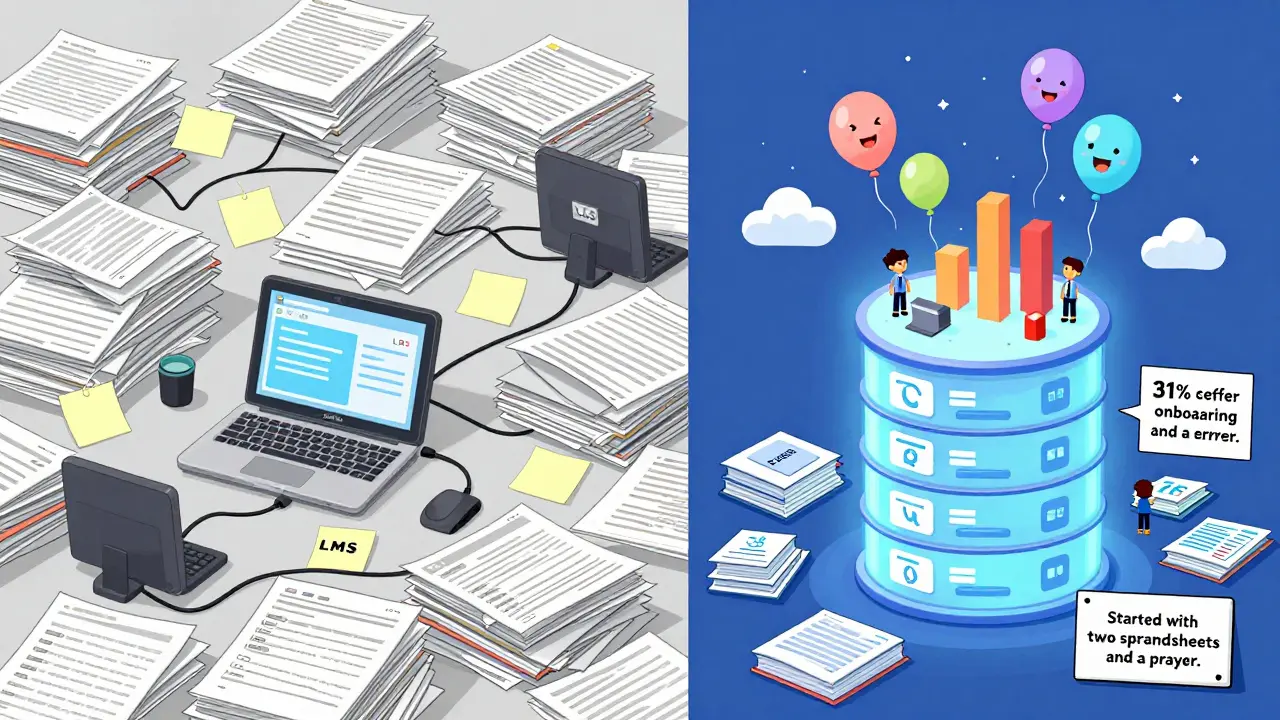 Contrast between chaotic learning data and organized warehouse, showing 31% fewer onboarding errors in DreamWorks style.