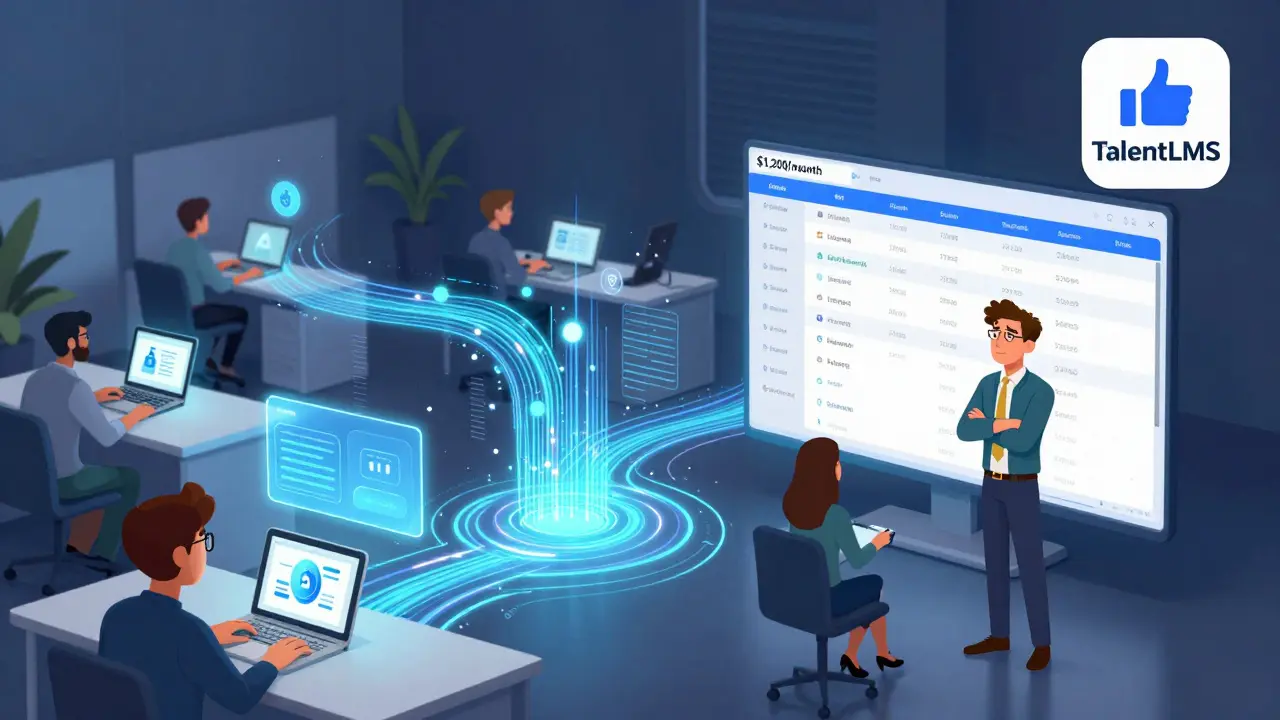 Contrast between sleek Docebo AI interface and small TalentLMS icon with price tags in a corporate setting.