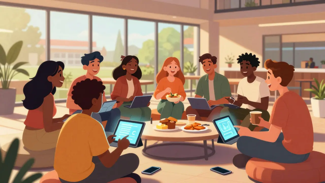 Diverse group of students laughing together outdoors