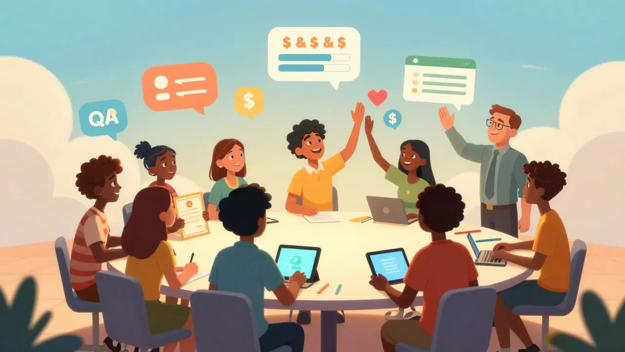 Diverse students and a mentor gathered around a table with floating icons of monthly updates, live Q&amp;As, and payment plans turning into hearts.