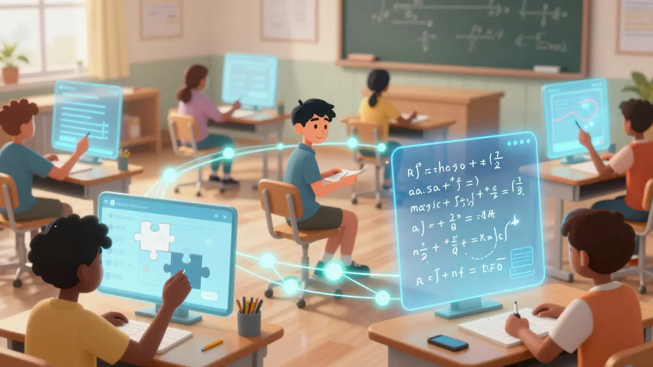 Diverse students taking adaptive tests on holographic screens, with personalized learning paths glowing around them.