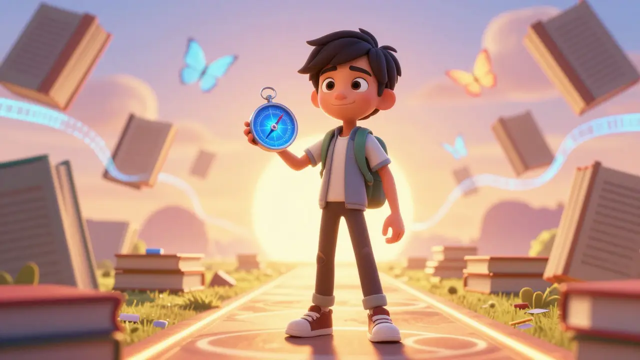 Empowered student standing on path of light with digital compass.