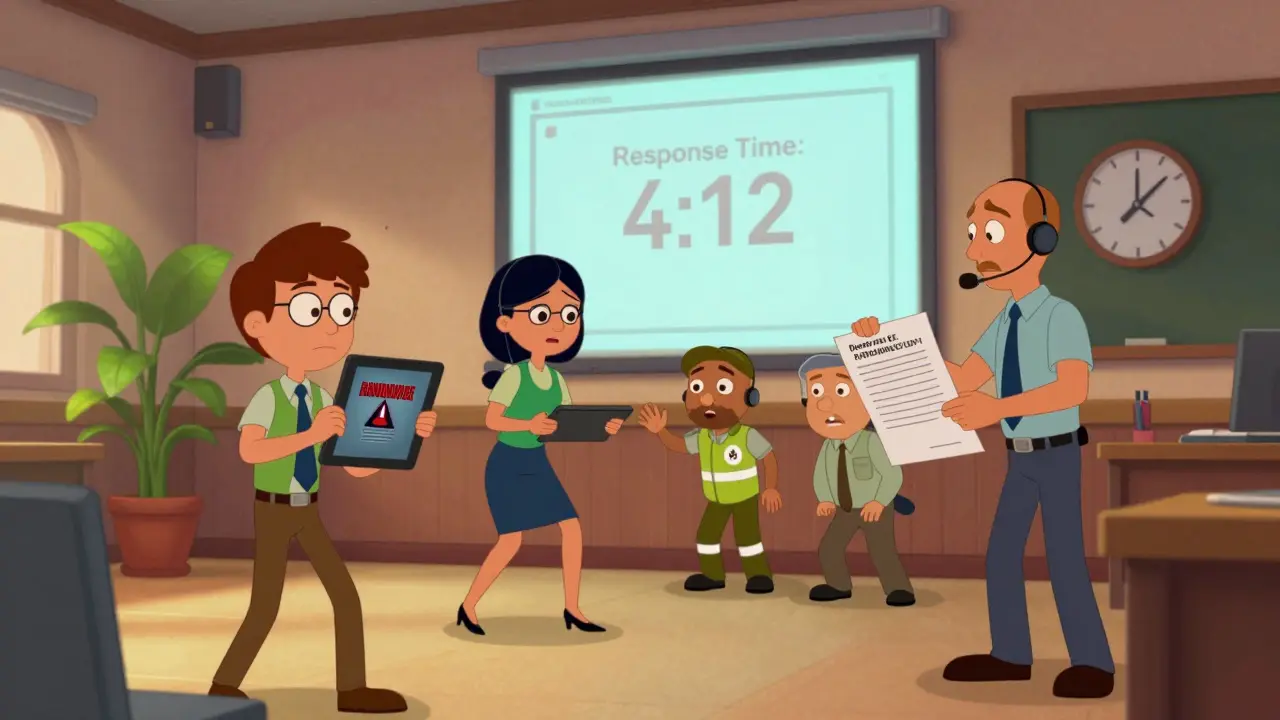 Five key team members conduct a live 30-minute crisis drill with real-time metrics on screen, showing calm efficiency under pressure.