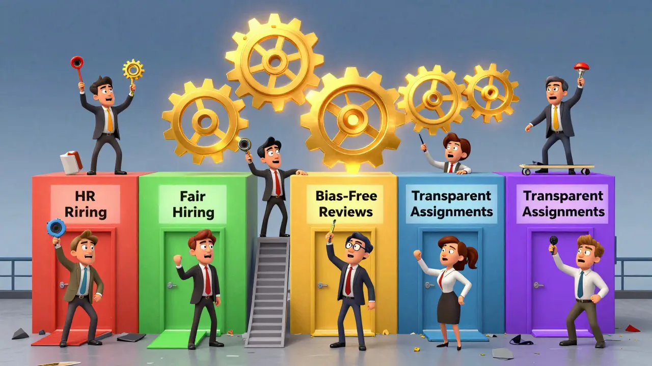 Managers rebuilding office with fair systems, tools labeled for hiring, reviews, and assignments.