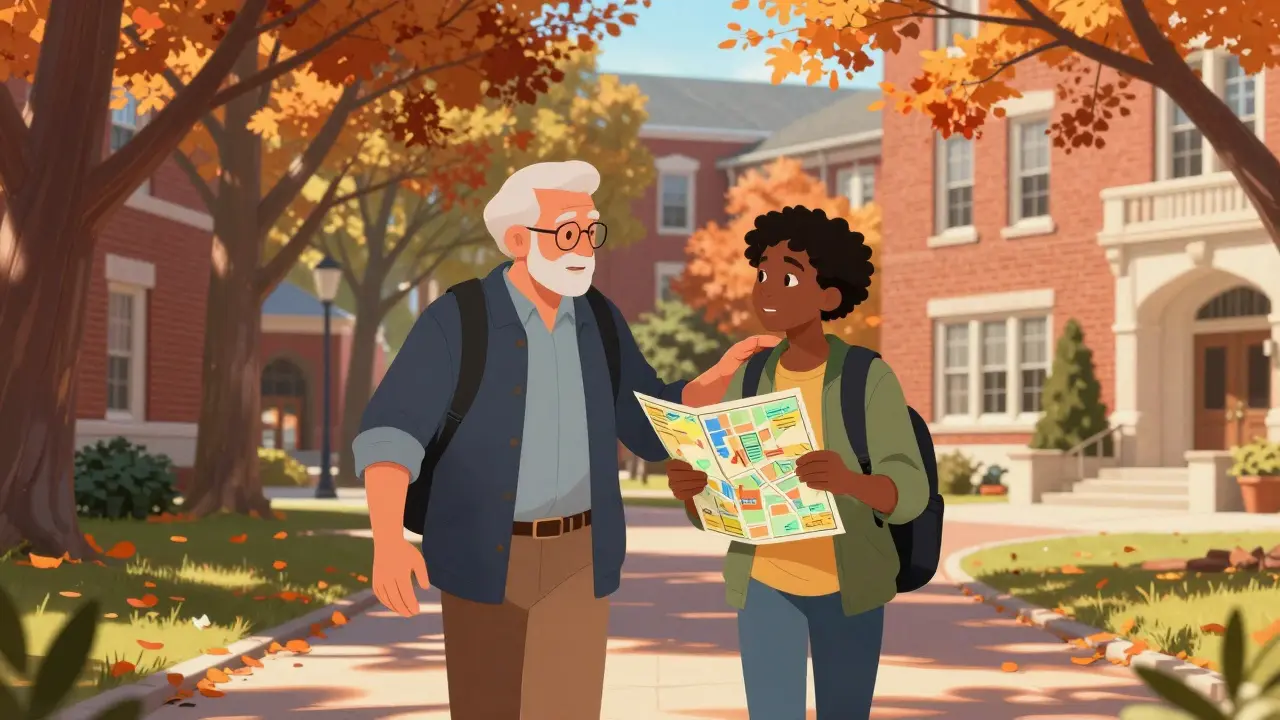 Peer mentor guiding international student on campus