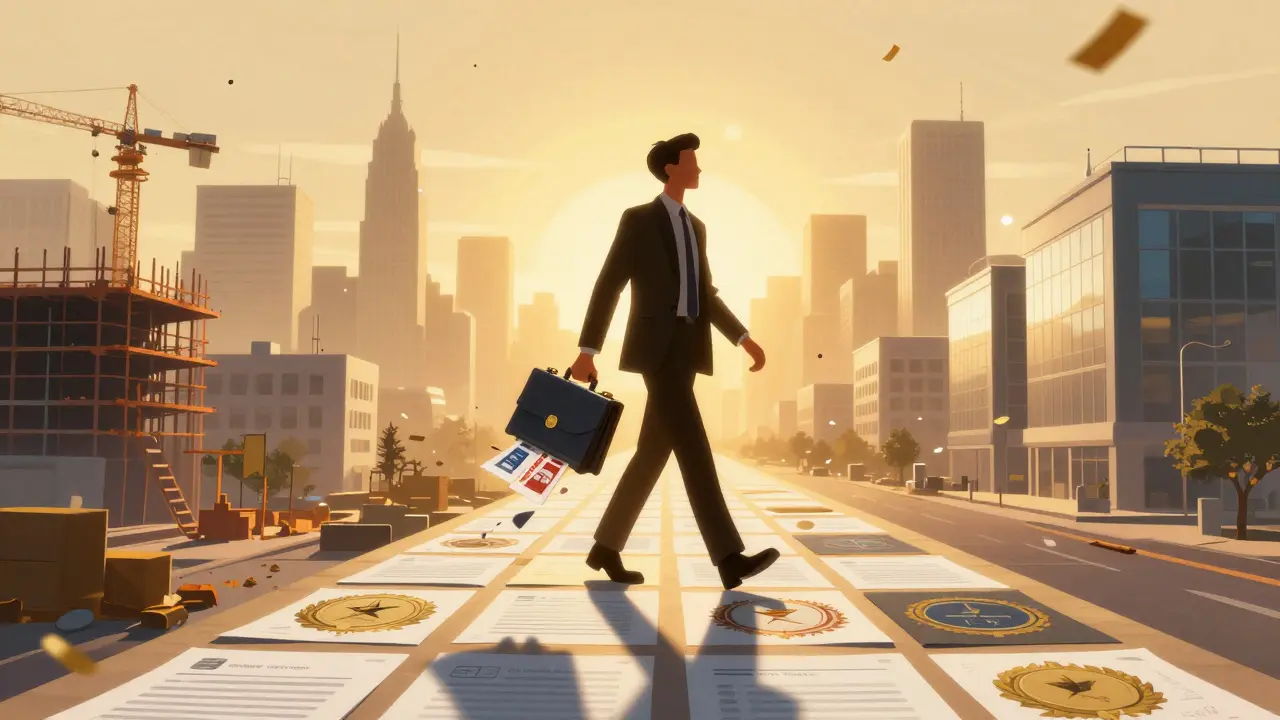 Professional walking career path with project portfolio at sunrise