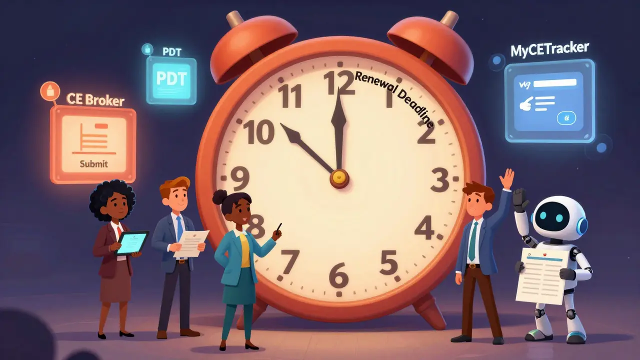 Professionals choosing between digital tools to manage continuing education credits, with a giant renewal clock ticking down.