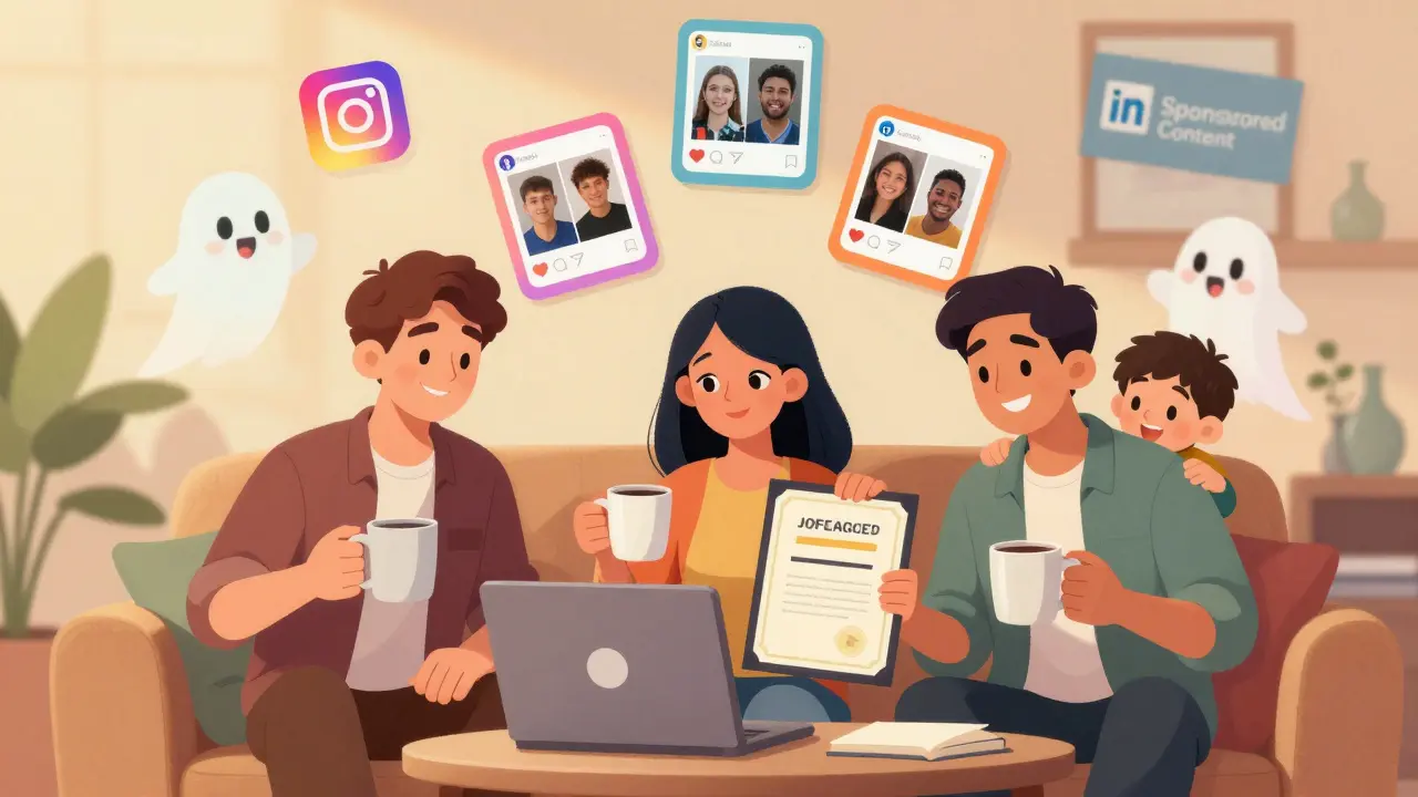 Realistic students in a living room sharing course success stories with soft social media ad cards floating above.