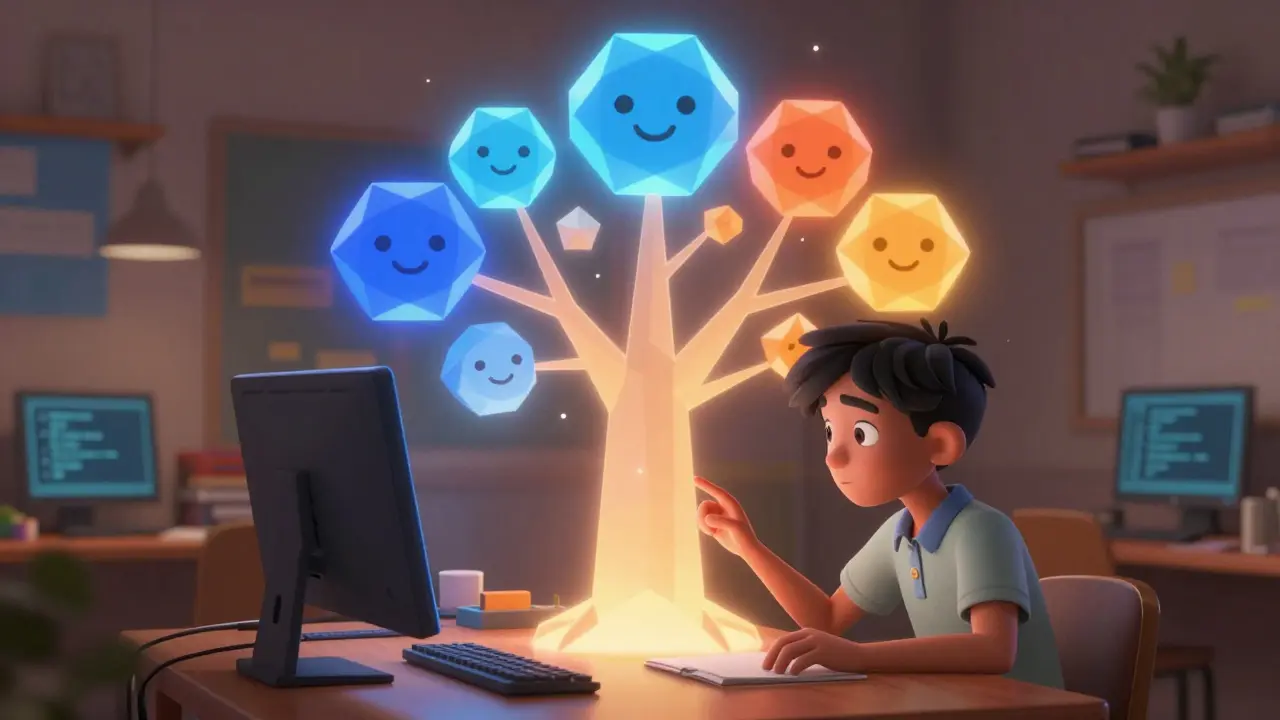 Student surrounded by glowing shapes representing adaptive technology