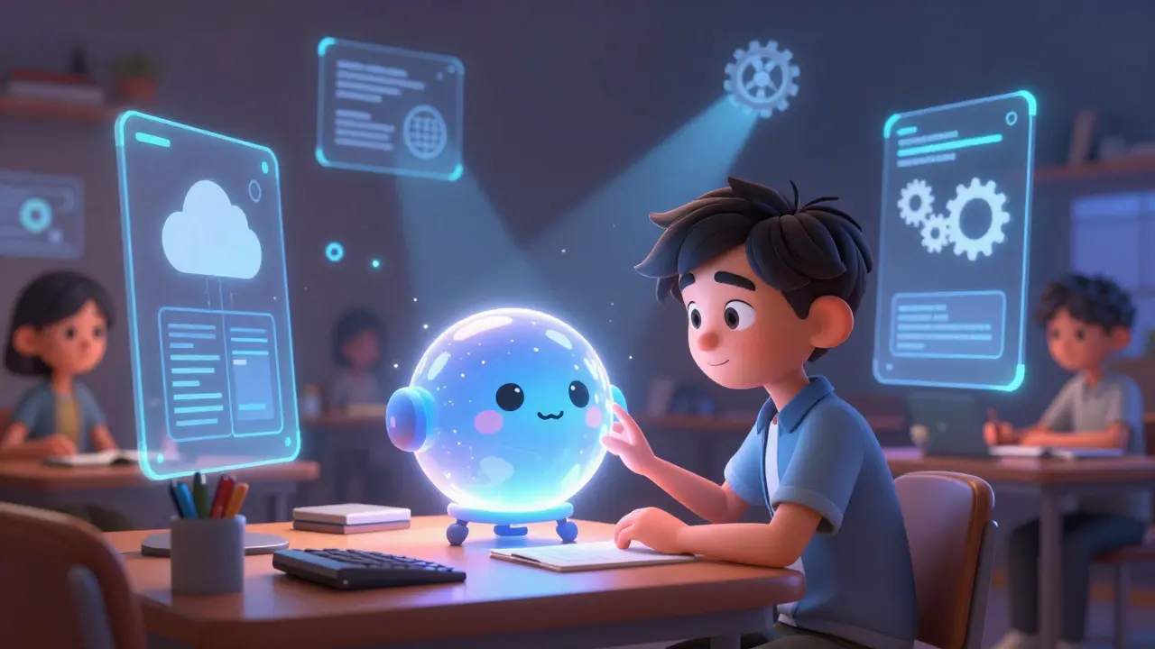 Student using floating AI tutor with peer connections