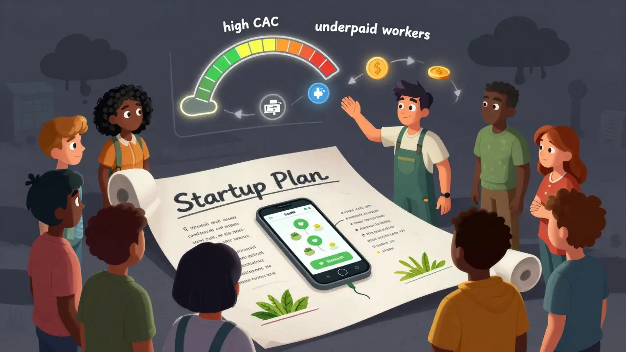 Students presenting a one-page startup plan with ethical and risk icons floating around them in DreamWorks cartoon style.