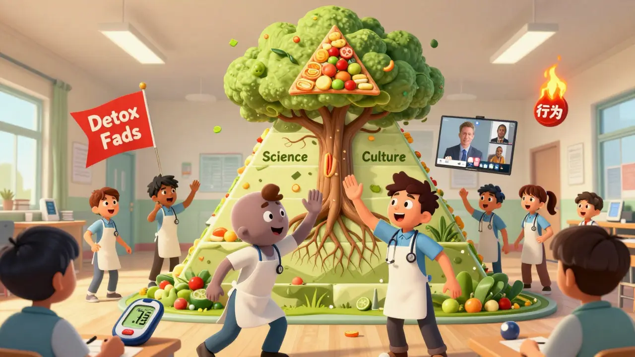 Students study a living food pyramid that becomes a tree rooted in science and culture, with false trends burning nearby.