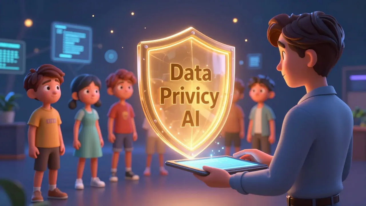 Teacher holding tablet with protective shield over diverse students.