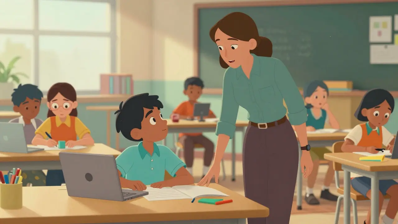 Teacher mentoring a student in a modern collaborative learning space