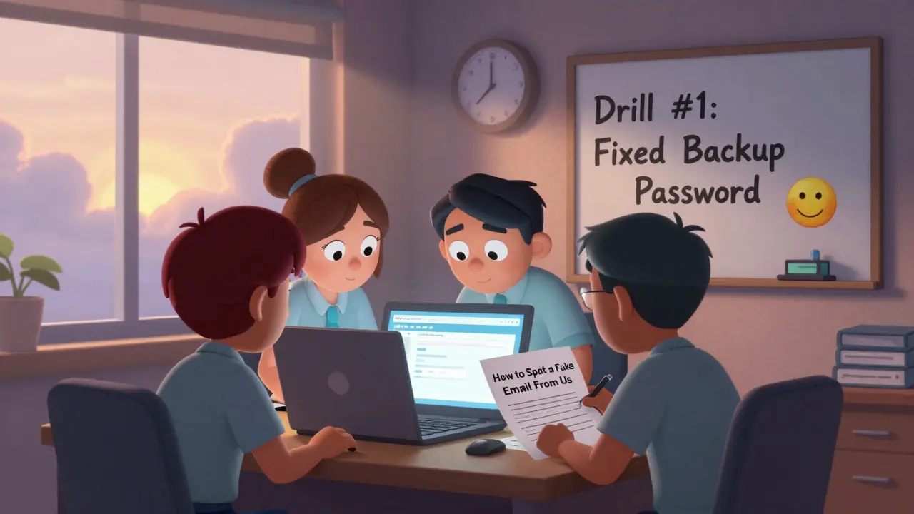 Three employees learn to spot phishing emails using a simple one-pager, with sunlight symbolizing newfound resilience after a training session.