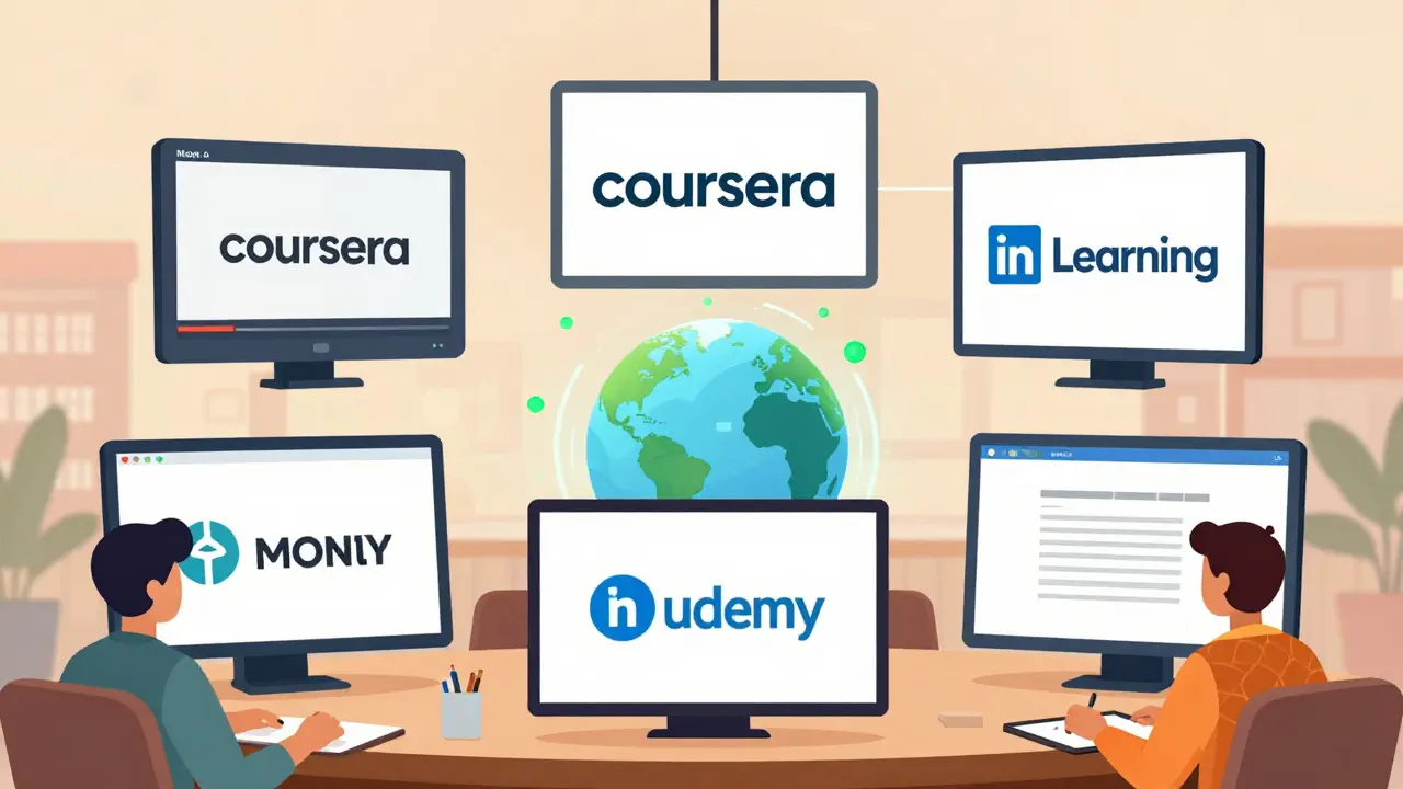 Virtual team from six continents using adaptive learning platforms with local access features.