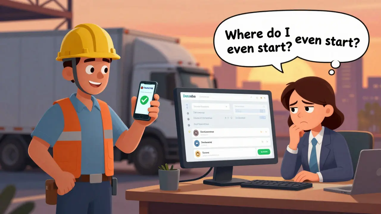 Warehouse worker easily using TalentLMS app vs. frustrated employee struggling with slow Docebo app on mobile.