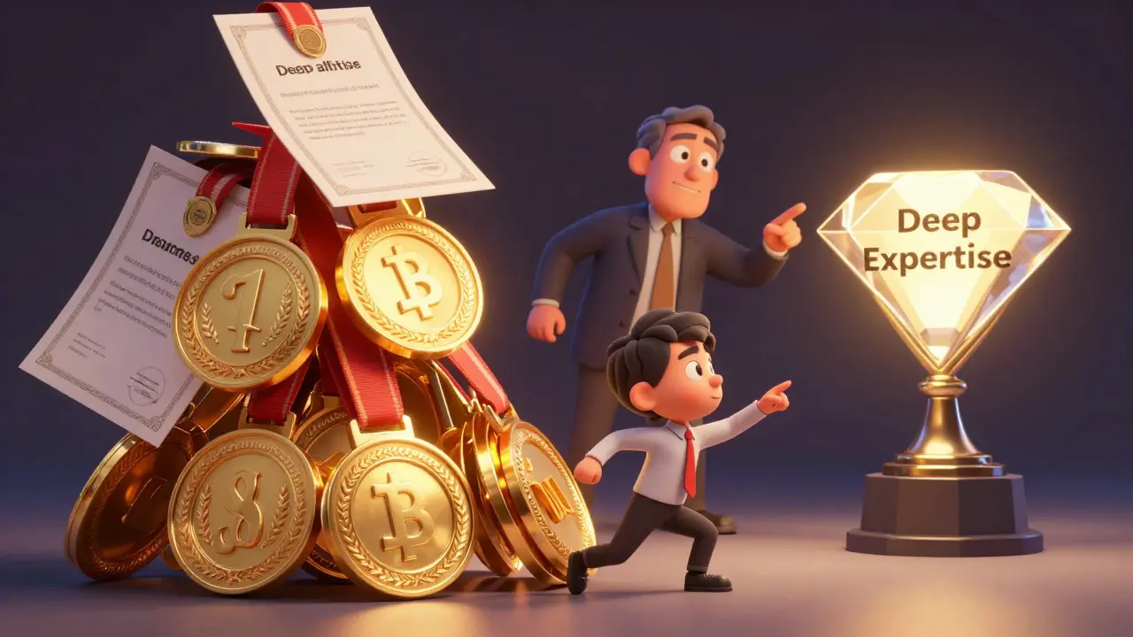 A character struggling to balance a tall stack of gold finance certificates.