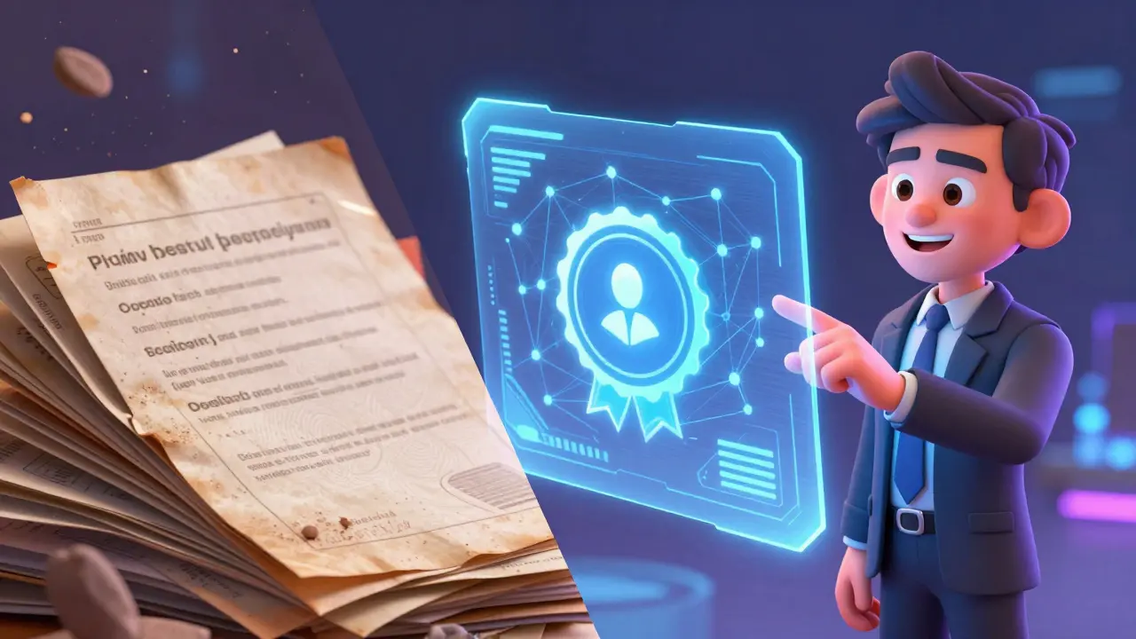 A comparison between old paper diplomas and a glowing holographic digital credential.