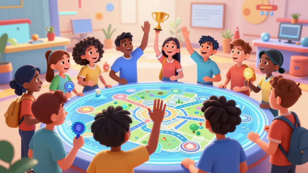 A diverse group of happy students celebrating together around a holographic learning map.