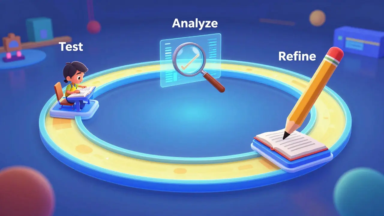 A glowing circular path showing the cycle of testing, analyzing, and refining content.