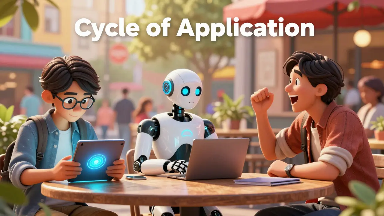 A learner progressing from digital study and AI practice to a real-life conversation.