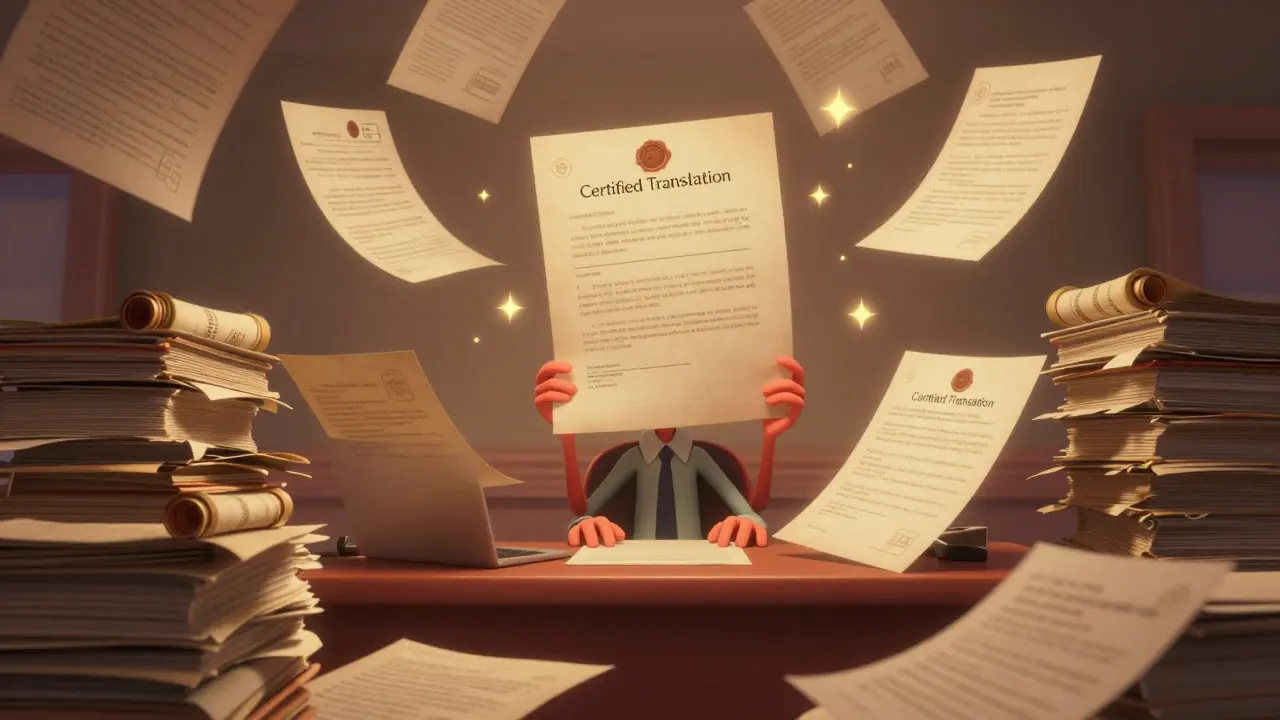 A person overwhelmed by a mountain of official documents and stamped certificates.