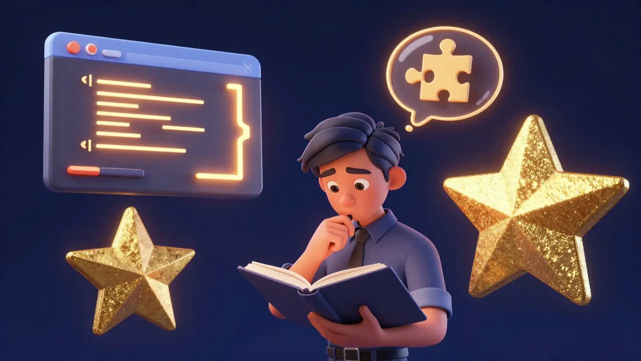 A professional reflecting on their growth while surrounded by floating symbols of their achievements.