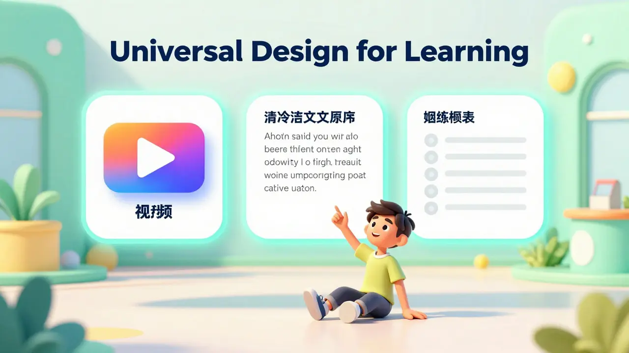 A student choosing between video, text, and summary options in a bright, inclusive digital hub.