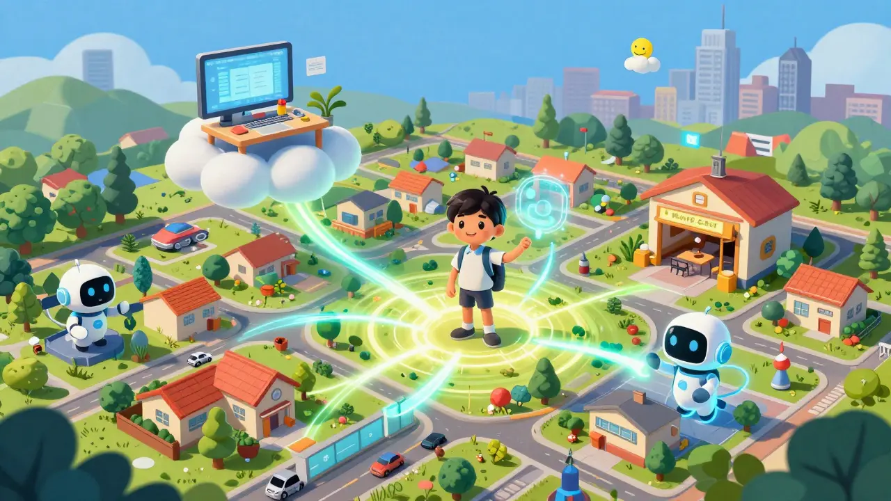 A student connected by light-trails to a network of digital and physical learning hubs.