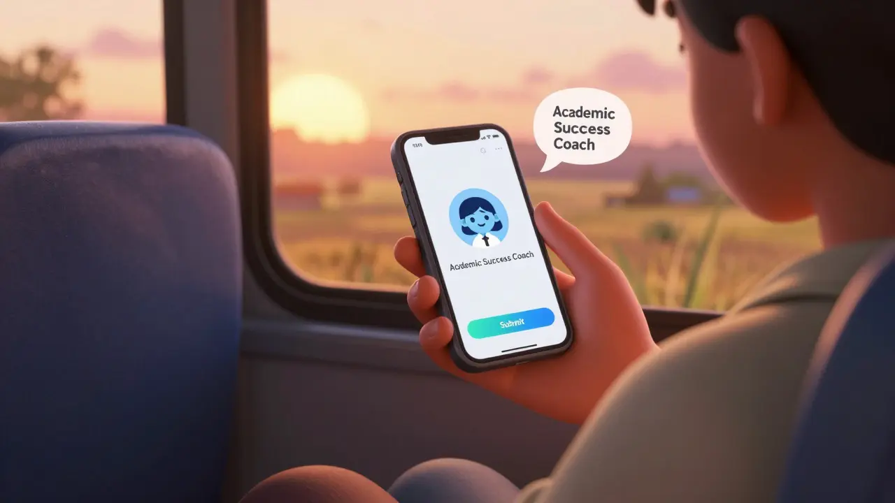 A student on a bus using a simplified, mobile-friendly learning interface on a smartphone.