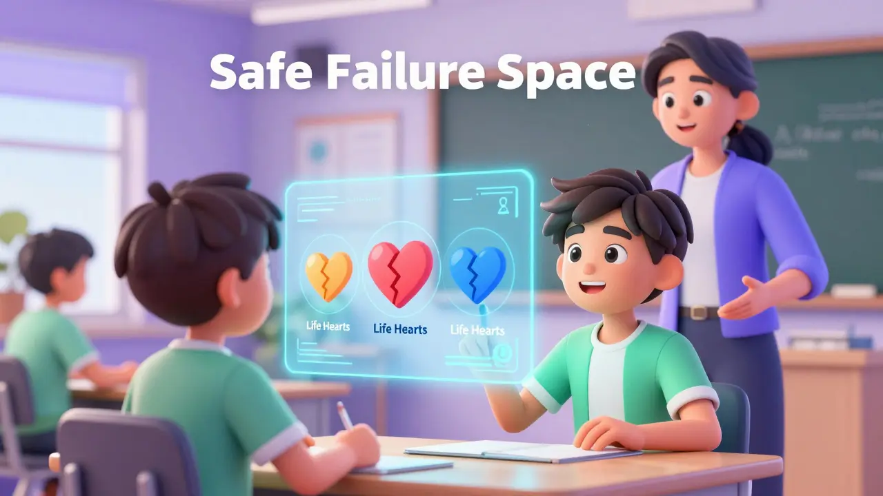 A student using a retry heart icon to attempt a challenge in a supportive environment.