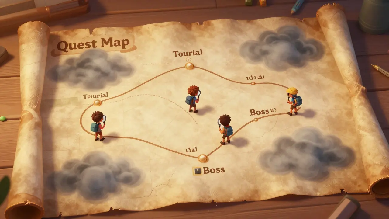A whimsical adventure map showing the progression of learning milestones and quests.