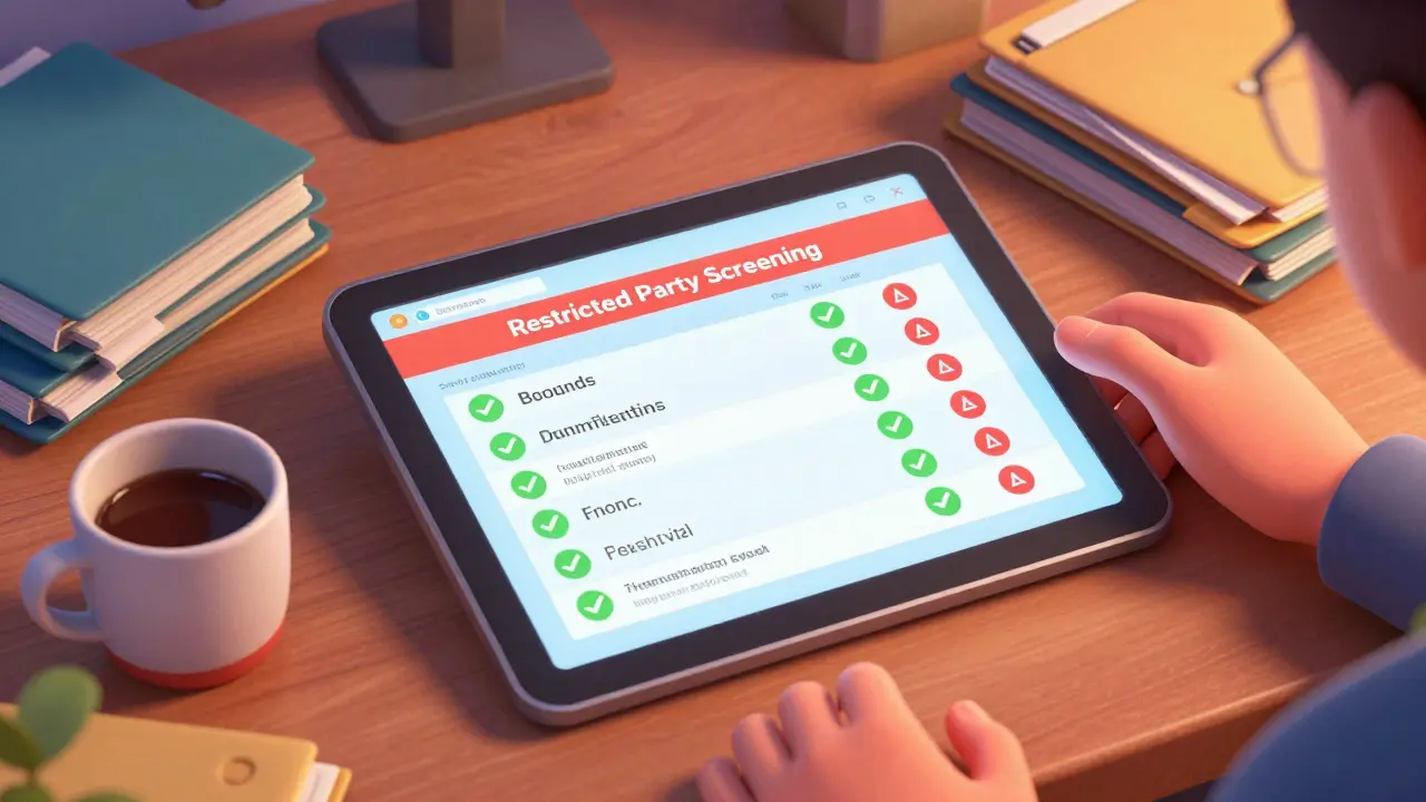 Administrator using a screening tool on a tablet to check restricted parties
